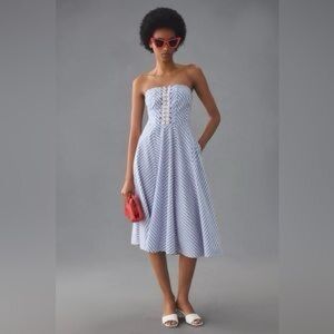 Anthropologie Maeve Strapless Midi Dress Blue White Stripes NEW